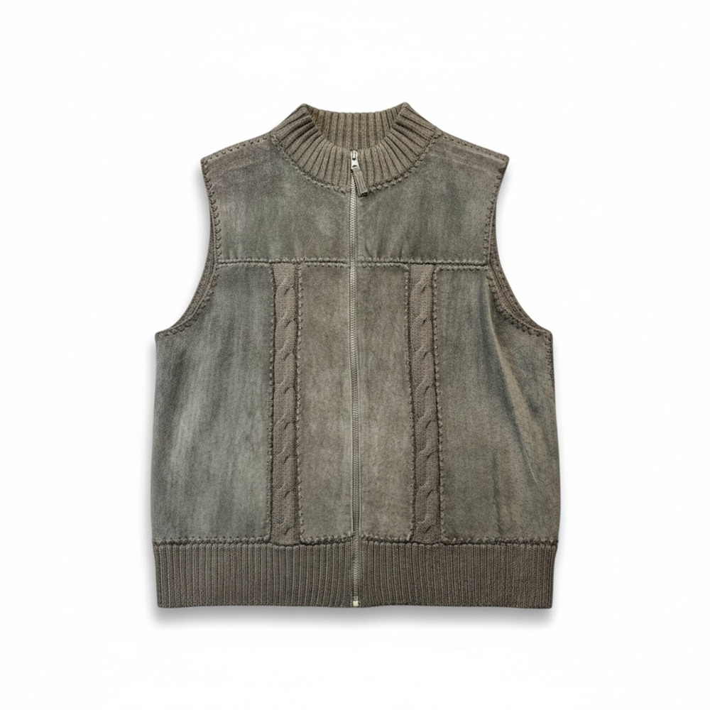 Women’s L Suede Olive Green Full Zip Cable Knit Sweater Vest GrandpaCore Retro